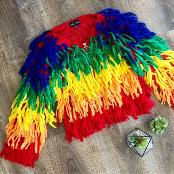 🆕 Dolls Kill 🌈 Rainbow Shaggy Fur Cardigan - Picture 7 of 7
